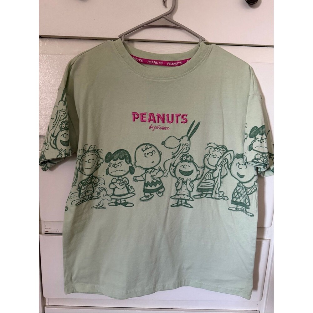 Peanuts Kids Short-Sleeve Tee in Light Green with Pink Logo